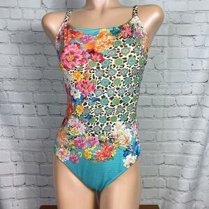 Johnny Was Blue Floral & Leopard Adjustable Strap One Piece Swim Suit